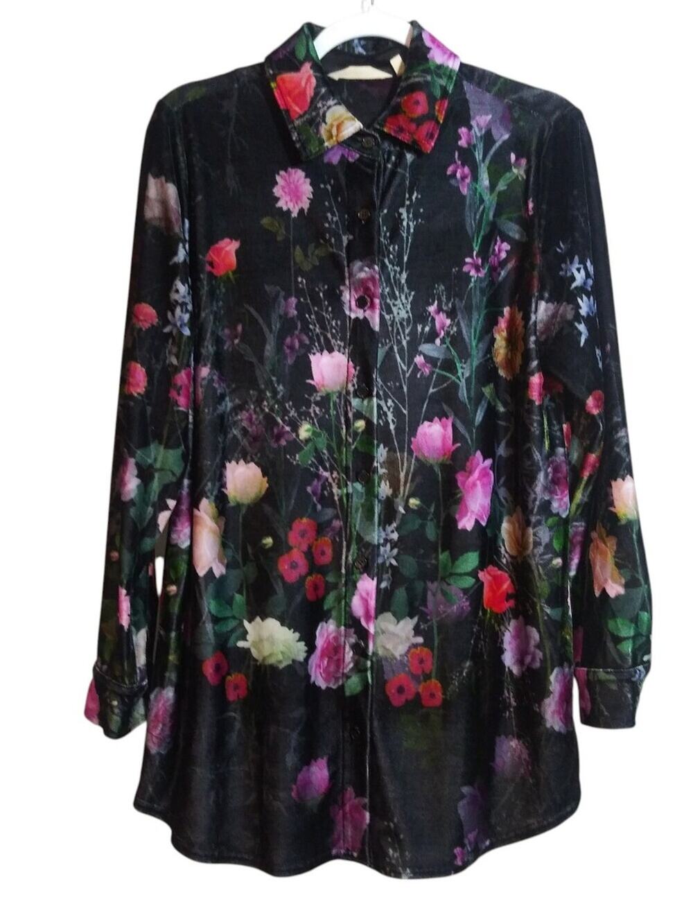 Soft Surroundings Velvet Boyfriend Tunic Shirt Black Baroque Bouquet Size Small